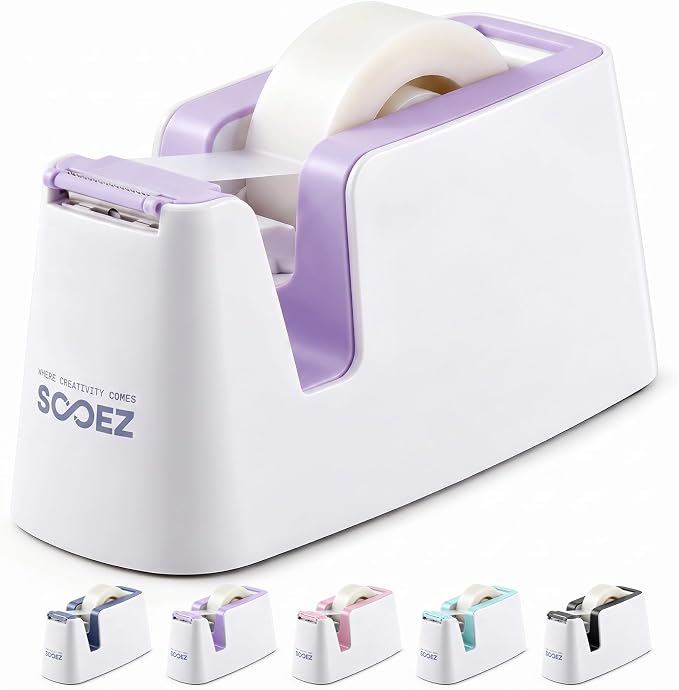 Sooez Aesthetic Tape Dispenser, Tape Holder Cutter, Everyday Desktop Use | One-Handed Use, One-Piece Core and Holder, Hidden Blade, Weighted Base, Non-Slip Pads, Fits 0.75" Tape, Office School Home