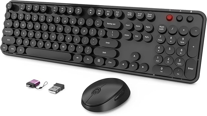 Wireless Keyboard and Mouse Combo, Ergonomic Full Size Typewriter Retro Round Keycaps Keyboard, Compatible with Windows, PC, Perfer for Home and Office Keyboards (Black