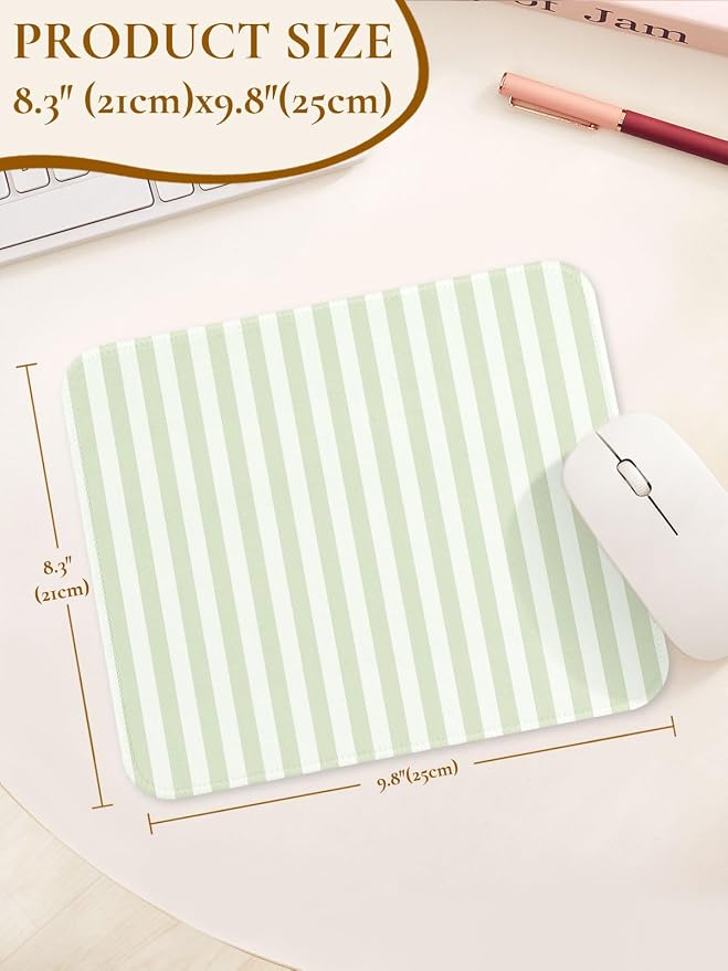 Square Cute Striped Mouse Pad with Stitched Edge, Premium Waterproof Cloth Aesthetic Small Stripe Mouse Mat, Non-Slip Rubber Base Funny Mousepad Desk Accessories,Striped Green Beige