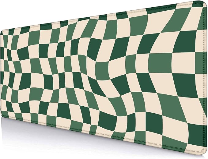 Sage Green Checkered Desk mat, Retro Boho Extra Large Mouse Pad, Abstract Wavy Desk Protector Pad, Minimal Pattern Aesthetic Writing Mat for Computer & Laptop Home Office, 31.5 X 11.8 in