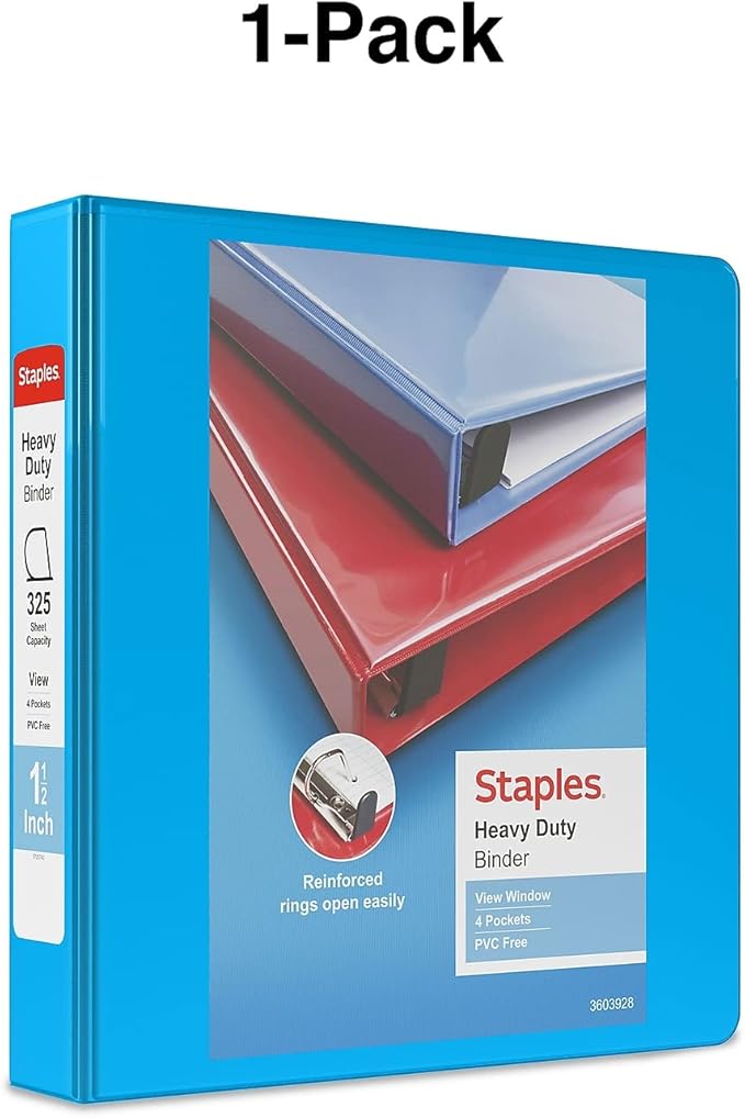 Staples Heavy-Duty 1.5-Inch D-Ring View Binder, Reinforced Spine, Holds Up to 350 Sheets, Light Blue, for Office & School