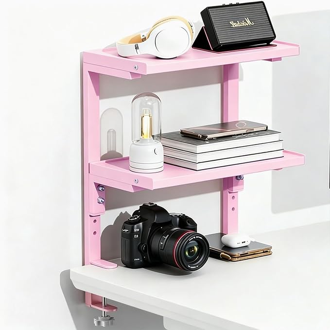 Spacrea Clamp on Desk Shelf, 2 Tier Office Desk Shelves Organizer, Wood Desktop Supplies Storage Rack, Desk Organizers and Accessories (Pink)
