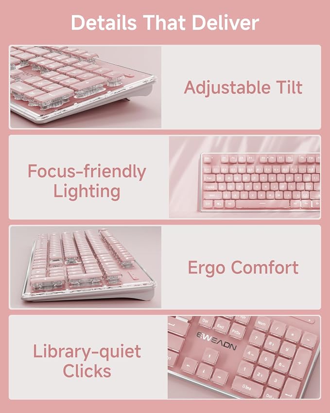 Wireless Keyboard and Mouse Combo with White Backlit Pudding Keycaps, Pink | Bluetooth & 2.4G Dual Mode, 2000mAh Rechargeable Full Size Quiet Computer Cute Keyboard for Windows PC Desktop, EWEADN V3
