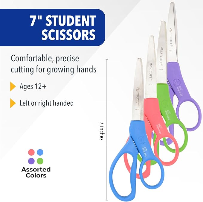 Westcott GEM Crystal-Design Scissors for Kids Ages 12+ - Back to School Essentials and Classroom Supplies - 7-Inch Pointed Student Scissors - for Right- or Left-Handed Use - Assorted Colors - 1 Pack