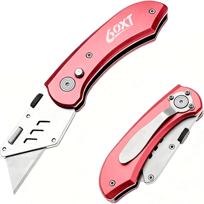 Utility Knife Folding Safety Lock Quick Change with 10 Extra SK5 Replacement Blade Lightweight Aluminum Handle & Pocket Clip Multi-Use Box Cutter Office Home Art Diy Great Gift Choice (New.Red)