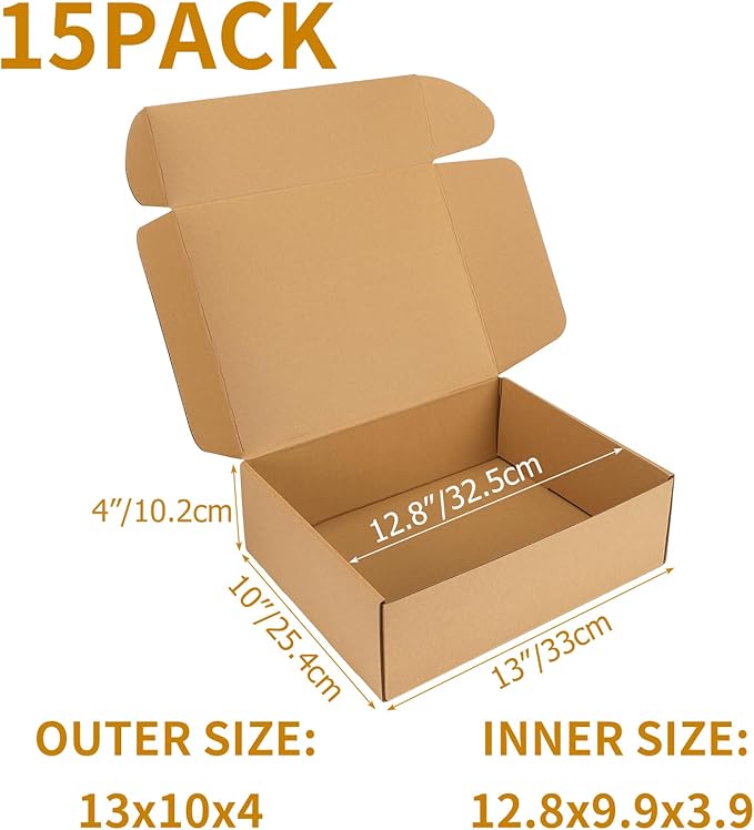 PHAREGE 13x10x4 Inch Shipping Boxes 15 Pack Brown, Tab Lock Tuck Top Mailer Boxes for Packaging Small Business, Cardboard Gift Boxes for Wrapping Mailing Present