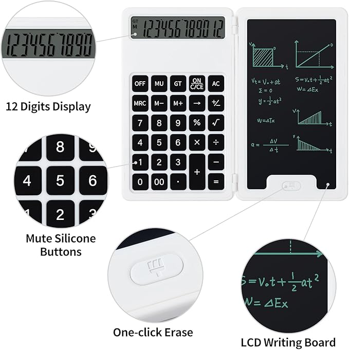 Desk Portable Basic Calculator, Small Mini Calculators with Writing Notepad and Stylus, More Lightweight and Portable, 12Digit Large Display Multi-Function for Office, School, Home & Financial (White)