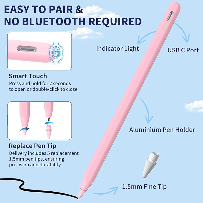 iPad Pencil for 9th & 10th Generation, Fast Charge Stylus Pen for Palm Rejection and Tilt Sensitivity, Compatible with iPad Pro 11/12.9in, Mini 5/6, iPad 6/7/8/9/10, Air 3/4/5 (PK)