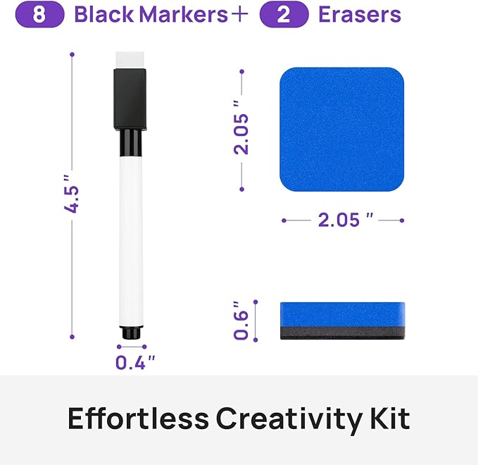 8 Pcs Black Magnetic Dry Erase Markers with Eraser, White Board Mini Dry Erase Markers with Eraser Cap, Fine Point Tip White Board Markers for Teachers Office School Supplies