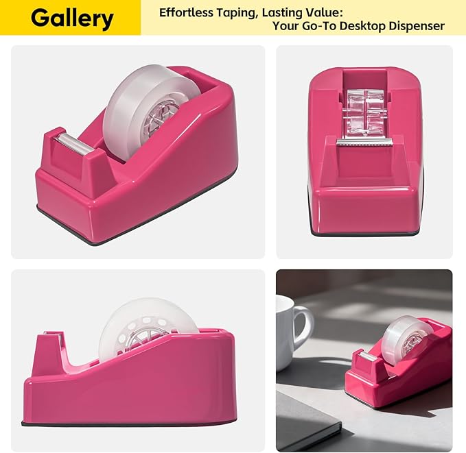 Desktop Office Tape Dispenser, Fits Standard 1-Inch Core Tapes, Weighted Non-Slip Base, Sharp Metal Blade, Smooth Cutting, Adhesive Roll Holder for Office, School, Shop, Home & Business - Rose Red