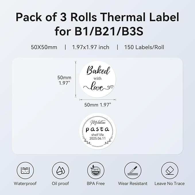 NIIMBOT 3 Rolls Set Label Tape for B1/B21/B3S Label Printer, 1.97" X 1.97" (50x50mm) Round Waterproof Thermal Label Tape for Logo/Gift/Barcode/Kitchen Jar (White)