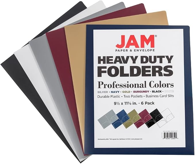 JAM PAPER Heavy Duty Plastic 2 Pocket Extra Tough School Folders - Assorted Professional Colors - 6/Pack