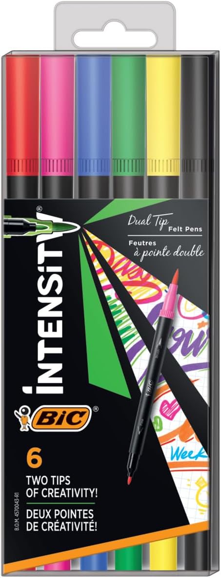 BIC Intensity 2 in 1 Dual Tip Fineliner Pens, 6-Count Pack, Assorted Colors | Fine Tip (0.7mm) and Flexible Brush (3.7mm) | Water-Based Ink, Odor Free | Durable Tips, Ideal for Drawing and Calligraphy