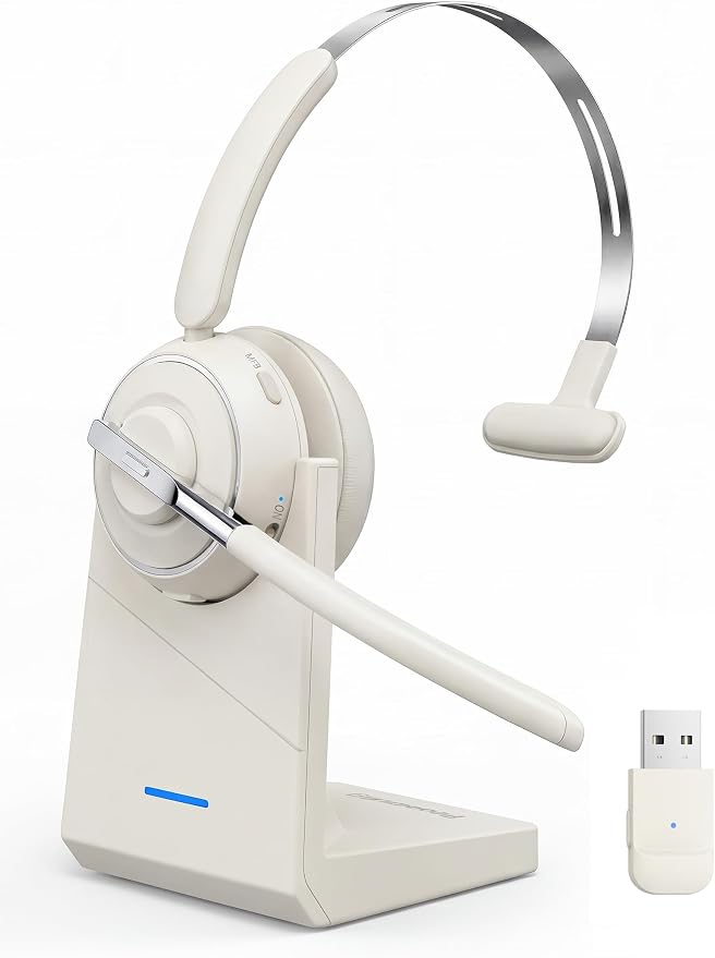 Bluetooth Headset, Wireless Headset with Mic for Work, Noise Cancelling Microphone, USB Dongle,Charging Stand, Mute Button for PC, Zoom, Teams, Office & Call Center, Cell Phones, Work from Home