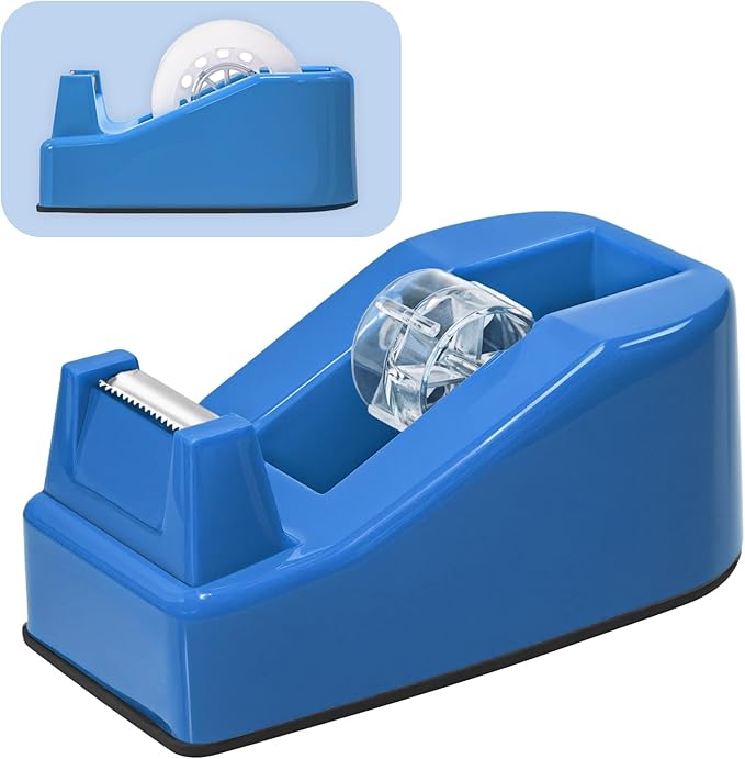 Desktop Office Tape Dispenser, Fits Standard 1-Inch Core Tapes, Weighted Base, Sharp Metal Blade, Smooth Cutting, Adhesive Roll Holder for Office, School, Shop, Home & Business - Bright Blue