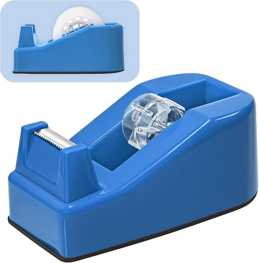 Desktop Office Tape Dispenser, Fits Standard 1-Inch Core Tapes, Weighted Base, Sharp Metal Blade, Smooth Cutting, Adhesive Roll Holder for Office, School, Shop, Home & Business - Bright Blue