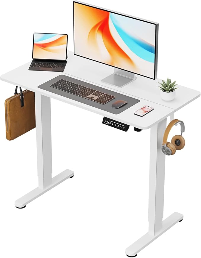 Small Standing Desk, 40" ×20" Electric White Standing Table, Height Adjustable Compact Sit Stand Desk with Splice Board, Home Office Table with 2 Hooks