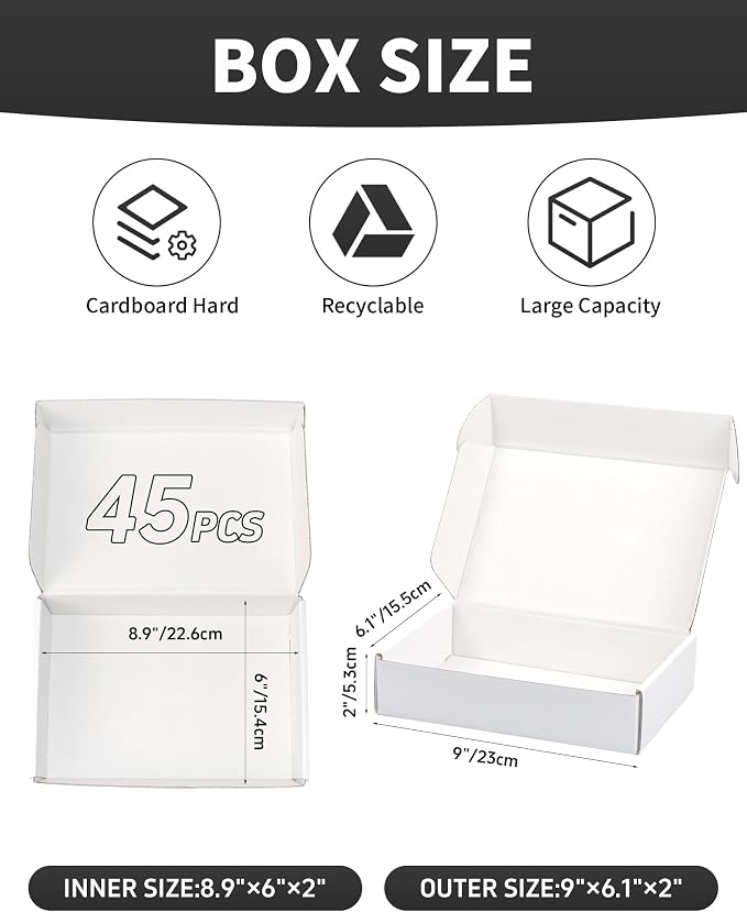 White Shipping Boxes 9x6x2 Inch, Set of 45, Corrugated Cardboard Boxes, Mailer Packaging Boxes for Small Business Gift Literature Shipping