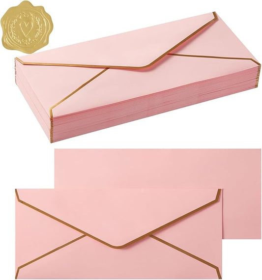 50 Pack #10 Business Envelopes with Gold Border, Self Seal Standard Envelopes with Gold Stickers for Office, Checks, Letter Mailing, Invoices, 4 1/8 x 9 1/2 Inches (Pink)