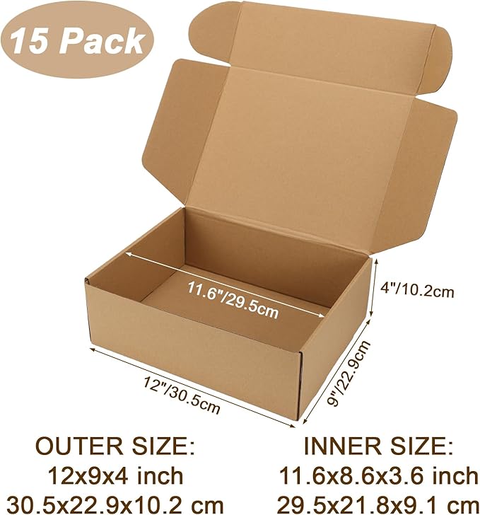 12x9x4 inch Shipping Boxes Set of 15 Brown, Inner Size 11.6x8.6x3.6 inch Cardboard Box Mailers for Small Business Packaging Mailing or Gift Wrapping Giving