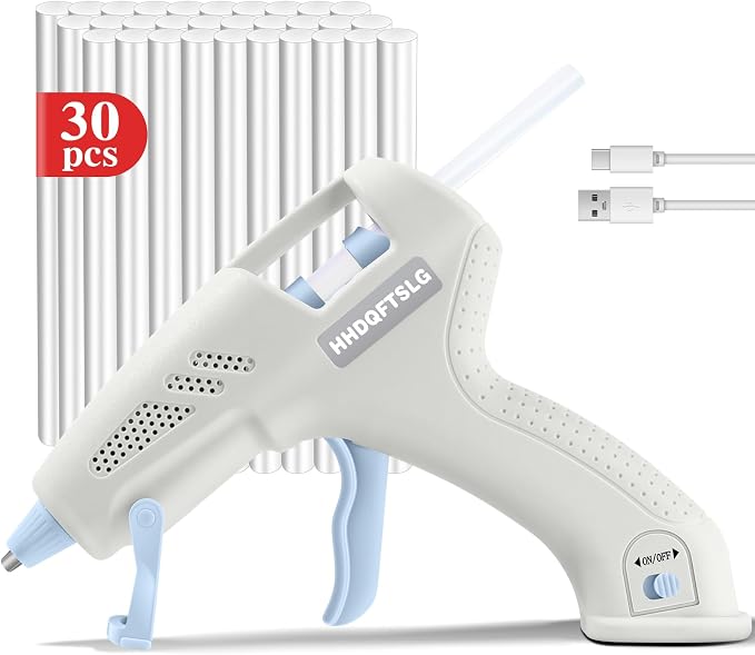 Cordless Hot Glue Gun Kit with 30 Sticks, Fast Heating 2.6Ah Rechargeable | 20W Anti-Drip Glue Gun and Sticks Set (0.27"×6") USB-C Rechargeable Mini Glue Gun Ideal for School Crafts DIY Making Repairs