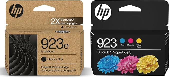HP Original 923e EvoMore Black / 923 Tri-Color Ink Cartridges (2-Pack) | Works with Printer Series: OfficeJet 8120, OfficeJet Pro 8130 | Carbon Neutral | C84QYLN