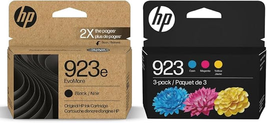 HP Original 923e EvoMore Black / 923 Tri-Color Ink Cartridges (2-Pack) | Works with Printer Series: OfficeJet 8120, OfficeJet Pro 8130 | Carbon Neutral | C84QYLN