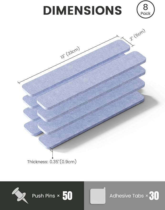 Fluxynara Cork Board Alternative Felt Strip Board 8-Pack 13"x2", Office Pin Board with 50 Push Pins, Adhesive Install for Bedroom Door & Home Office(Soft Periwinkle)