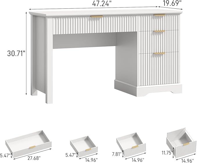 Vabches Fluted Executive Desk with Drawers, Wood Computer Desk with Ample File Drawer, Home Office Desk with Storage for Study, Bedroom, Living Room, White