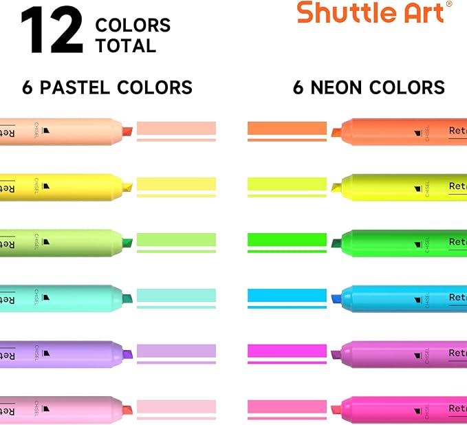 Shuttle Art Retractable Highlighters Assorted Colors, 12 Colors(6 Pastel & 6 Neon)Chisel Tip Fluorescent Markers, Quick-Dry Aesthetic Highlighter Pens for Kids Teens Adults, Perfect for School Office