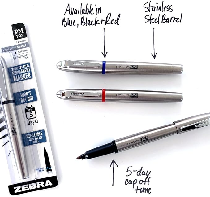 Zebra Pen, PM-701 Permanent Marker, Fine Bullet Point, Black Ink, Stainless Steel Barrel, Refillable, Includes 1 Refill, Cap Off Time of 120 Hours, 1-Pack (65211)
