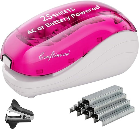Electric Stapler-Pink,Including 2000 Staples and 1 Staple Remover, Suitable for Palm Size and high Comfort，25 Sheet Capacity, AC Adapter or Battery Powered，Battery not Included