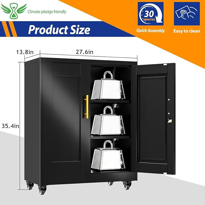 GAIOUS Metal Storage Cabinet with Lock and Wheels, Steel Tool Cabinet | with 2 Door and 2 Adjustable Shelves, 35” Tall Lockable File Cabinet, Garage Cabinet, Rolling Cabinet for Home Office - Black