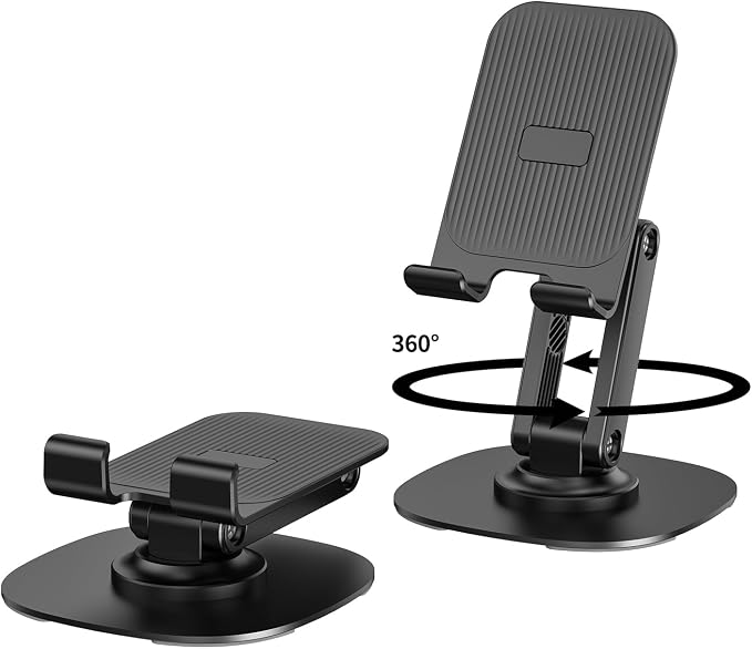 360° Rotating Cell Phone Stand for Desk (Black, K69) | Adjustable & Foldable Phone Holder, Aluminum Desktop Phone Stand with Anti-Slip Base, Phone Holder for Desk