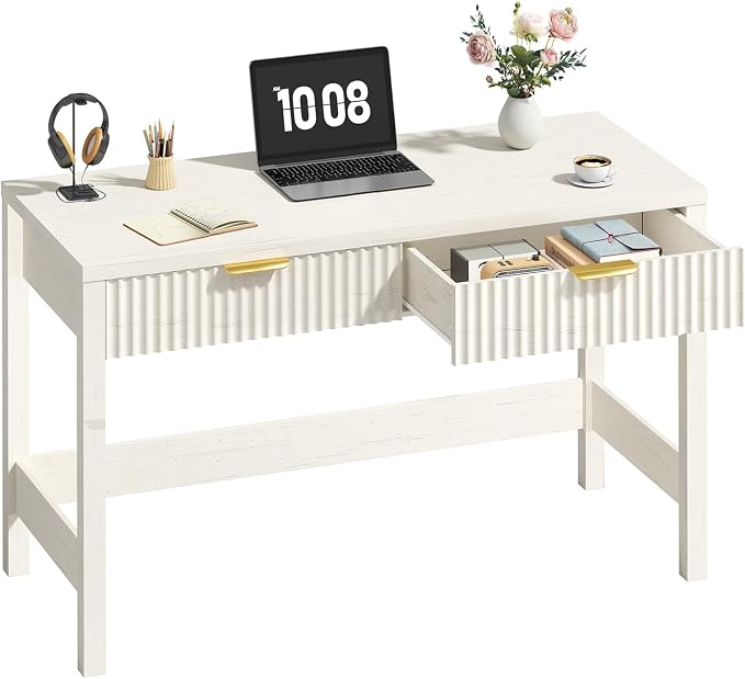 47 Inch Small Fluted Computer Desk with 2 Drawers for Bedroom, Home Office | Small Computer Desk with Storage for Bedroom, Compact Writing Study Desk for Small Spaces, Warm White