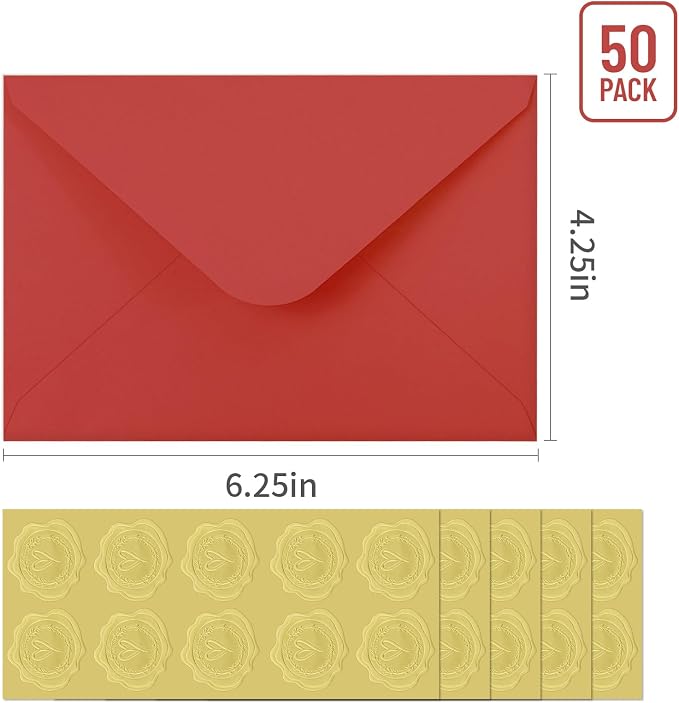 50 PCS Red Colorful A4 Envelopes,4x6 Envelopes for Invitations | 4x6 Envelopes for Greeting Cards, Great for Invitations, Wedding Invitation, Birthday, Baby Shower, Graduation