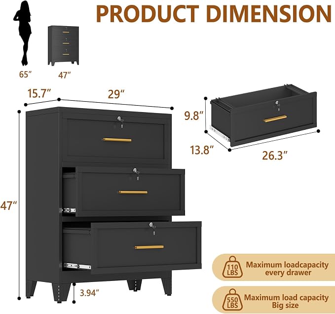 3 Drawer Metal File Cabinet with Lock,Lateral Filing Storage Cabinets,Steel Wide File Organization for Legal/Letter/A4/F4 Size with Hanging Files&Key,Lockable Printer Stand for Home Office, Black