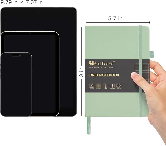 &And Per Se Graph Notebook, 5mm Grid, A5 Hardcover, 160 Pages 100gsm Thick Paper, Grid Journal for Diagrams, Wireframes, CAD Sketches (Light Green)