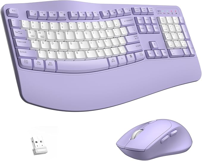 Wireless Keyboard and Mouse Combo,2.4G Ergonomic Wave Keys(Purple-B) | Full Size Cordless Keyboard with Wrist Rest,3-Level DPI Ergonomic Mouse for Office and Home,Windows/Mac OS/Desktop/Laptop/PC