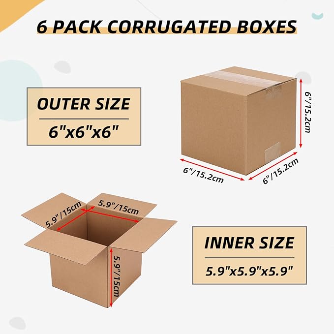 ZBEIVAN Shipping Boxes Mailers 6x6x6 inches Corrugated Cardboard Small Packing Kraft Moving Mailing Box, Pack of 6