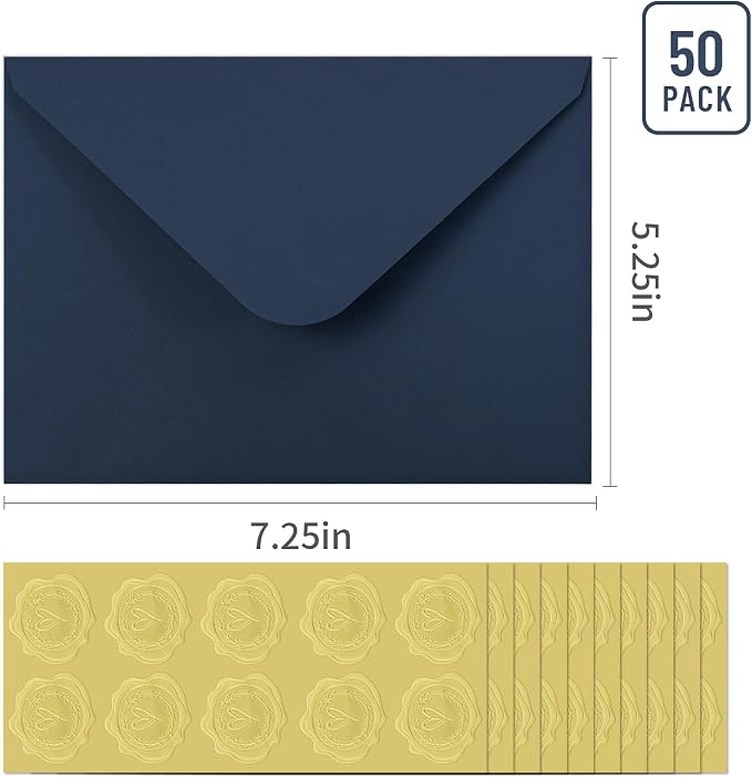 50 PCS Dark Blue Colorful A7 Envelopes with Stickers, 5x7 Envelopes for Greeting Cards, Great for Invitations, Wedding Invitation, Birthday, Baby Shower, Graduation