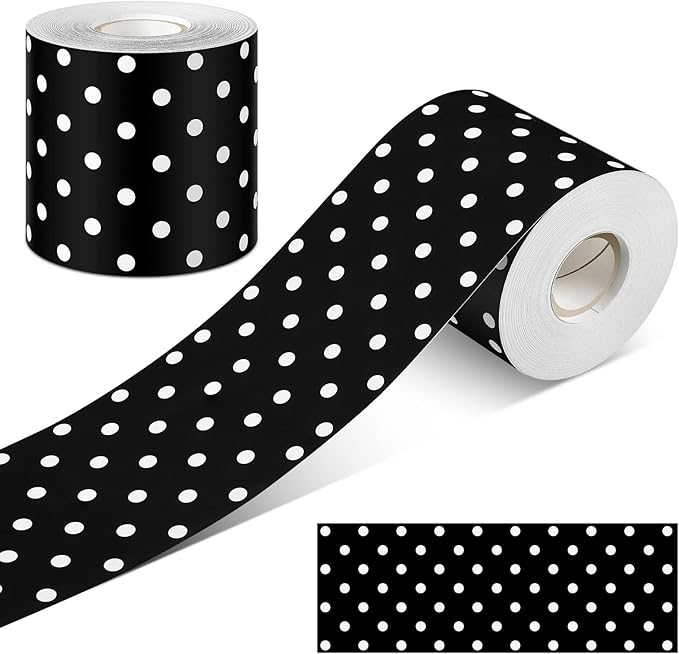 Zonon 65 Feet Bulletin Board Borders Black White Polka Dots, 2 Rolls | Straight Edge Trim Ideal for Classroom, Teacher Supplies Back to School, Decorative Display, Rolled Design Easy Use