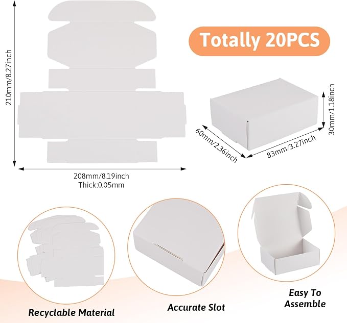Craftdady 20pcs White Shipping Boxes 3.26"x2.36"x1.18" Foldable Paper Mailer Boxes for Small Business Small Gift Packaging Box for Moving Storage Jewelry Gift Box for Wrapping Mailing Present