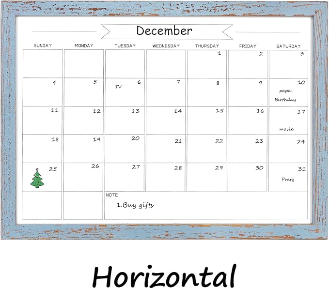 Dry Erase Monthly Calendar Whiteboard,10.6"x 14.6" Small Magnetic White Board for Wall, Hanging Board for Office/School/Home, Solid Pine Wood Frame (Blue)