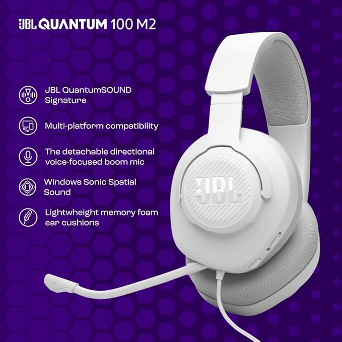 JBL Quantum 100M2 - Wired Over-Ear Gaming Headset with omnidirectional, Detachable mic with Mute Option and Fabric-Covered Memory Foam Ear Cushions, Compatible with All Platforms (White)
