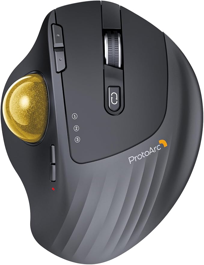 ProtoArc EM01 NL Wireless Trackball Mouse, Rechargeable Thumb Control, Gold | 0/20° Adjustable Angle to Reduce Fatigue, Triple-Device Bluetooth & 2.4G USB-A for Office Use, Silent Click, Easy to Clean