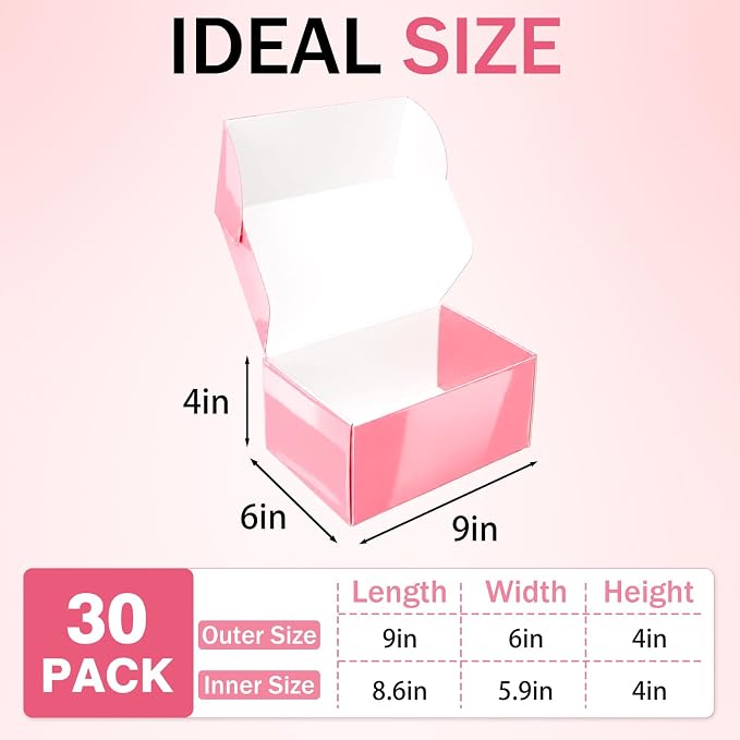 9x6x4 in Shipping Boxes for Small Business 30 Pack, Cute Pink Corrugated Mailer Boxes Bulk