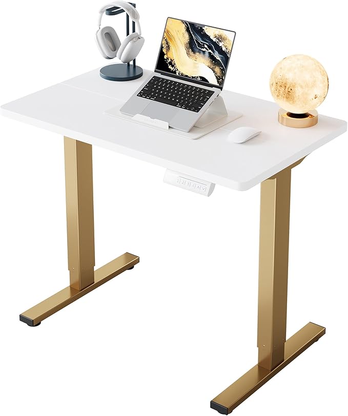 HUANUO 32x19 Inch Small Electric Desk, Adjustable, White & Gold Frame | 176 Lbs Capacity, Rounded Corners, Wheel-Ready Feet, Compact Desktop, Apartment Workspace, 28.3–46.5 Inch Height Range