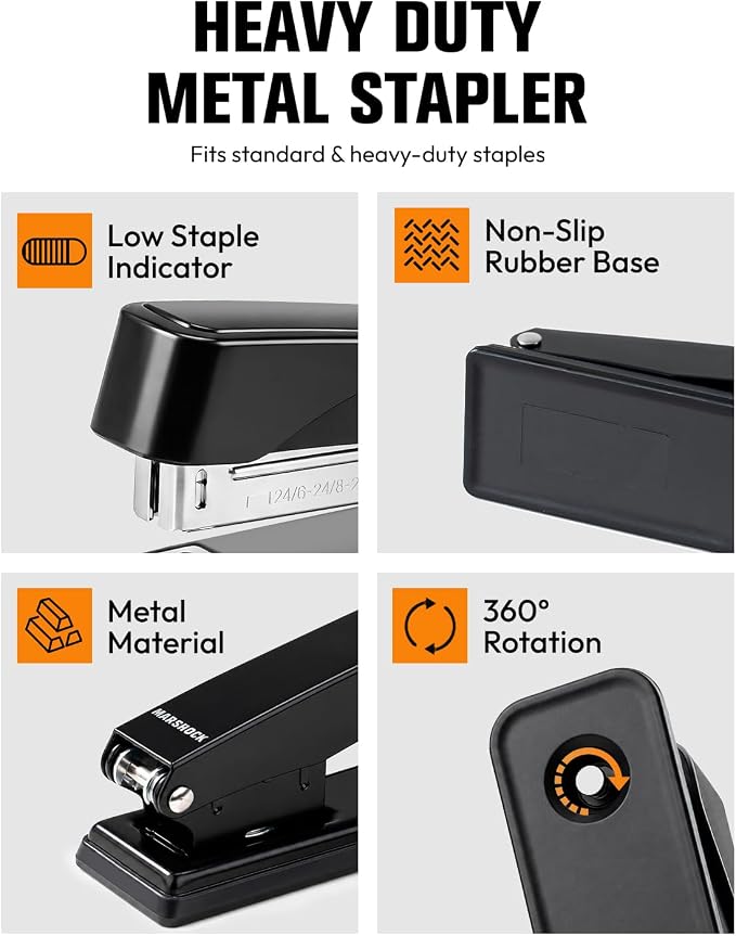 Marsrock Heavy Duty Stapler for Desk with 50 Sheet, 3000 Staples, Black | Office Stapler, Classroom Stapler, Teacher Stapler, Full Strip Desktop Stapler, Easy to Load & Magnetic Staple Remover