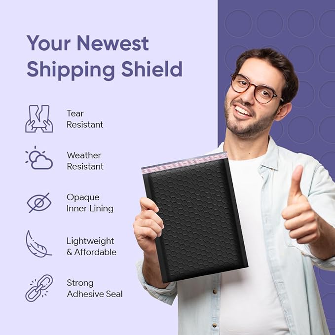 Black 9.5x14.5 Inch Poly Bubble Mailers #4 | Self Seal Large Padded Envelopes | Air Cushioned Bubble Mailer | Usable Size 9.5x13 Inch | Waterproof Lightweight Mailing Shipping Bags | 100 Pack Bulk